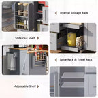 Isola da Cucina Mobile Nera con Piano in Legno di Gomma, 3 Cassetti, 2 Ripiani Estraibili, Porta Spezie, Porta Utensili