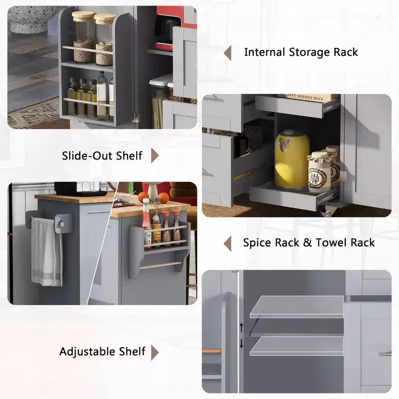 Isola da Cucina Mobile Nera con Piano in Legno di Gomma, 3 Cassetti, 2 Ripiani Estraibili, Porta Spezie, Porta Utensili