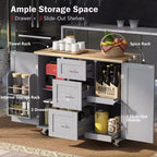 Isola da Cucina Mobile Nera con Piano in Legno di Gomma, 3 Cassetti, 2 Ripiani Estraibili, Porta Spezie, Porta Utensili