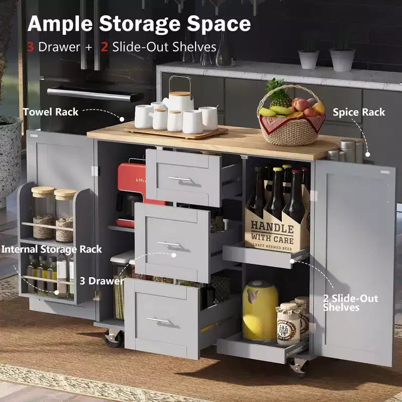 Isola da Cucina Mobile Nera con Piano in Legno di Gomma, 3 Cassetti, 2 Ripiani Estraibili, Porta Spezie, Porta Utensili