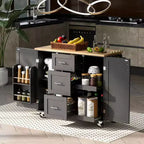 Isola da Cucina Mobile Nera con Piano in Legno di Gomma, 3 Cassetti, 2 Ripiani Estraibili, Porta Spezie, Porta Utensili