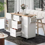 Isola da Cucina Mobile Nera con Piano in Legno di Gomma, 3 Cassetti, 2 Ripiani Estraibili, Porta Spezie, Porta Utensili