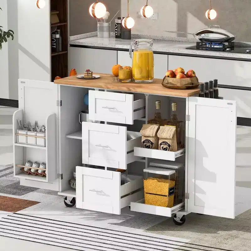 Isola da Cucina Mobile Nera con Piano in Legno di Gomma, 3 Cassetti, 2 Ripiani Estraibili, Porta Spezie, Porta Utensili