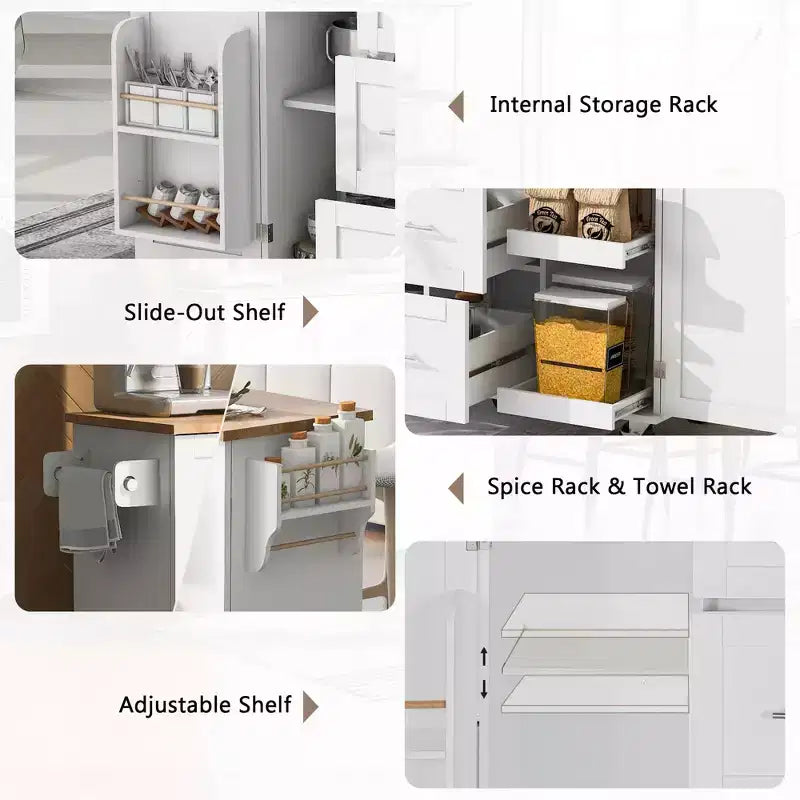 Isola da Cucina Mobile Nera con Piano in Legno di Gomma, 3 Cassetti, 2 Ripiani Estraibili, Porta Spezie, Porta Utensili