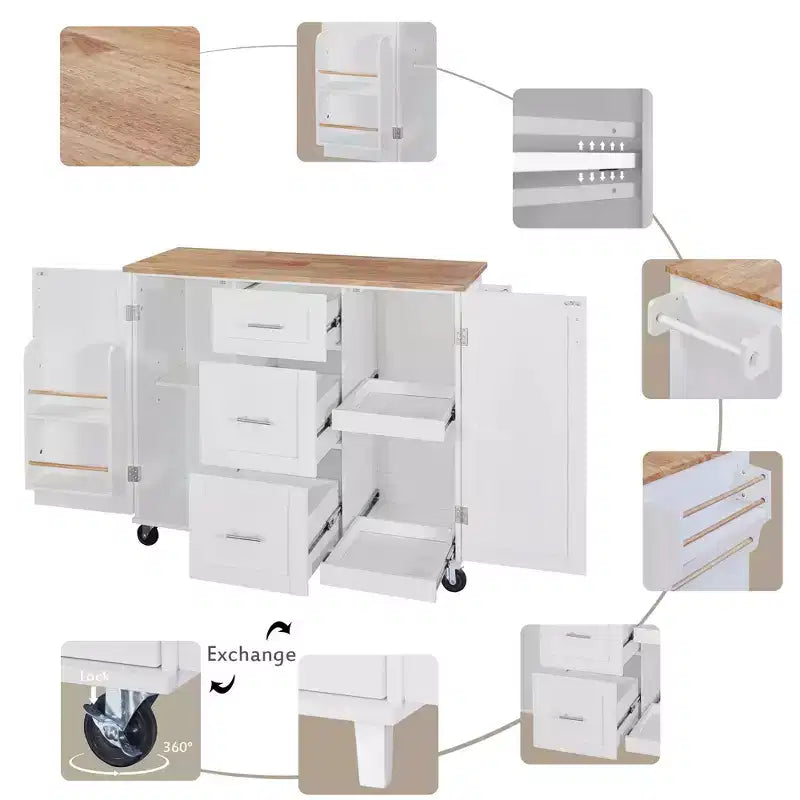 Isola da Cucina Mobile Nera con Piano in Legno di Gomma, 3 Cassetti, 2 Ripiani Estraibili, Porta Spezie, Porta Utensili