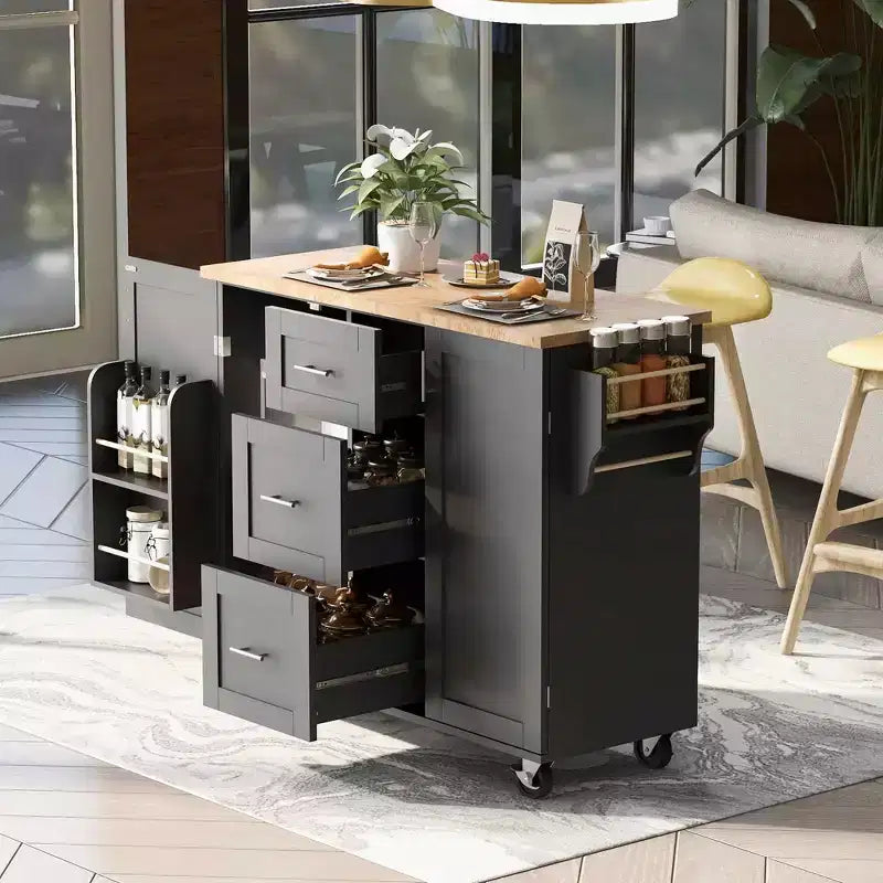 Isola da Cucina Mobile Nera con Piano in Legno di Gomma, 3 Cassetti, 2 Ripiani Estraibili, Porta Spezie, Porta Utensili