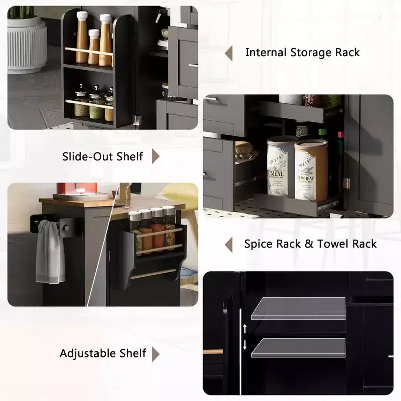 Isola da Cucina Mobile Nera con Piano in Legno di Gomma, 3 Cassetti, 2 Ripiani Estraibili, Porta Spezie, Porta Utensili