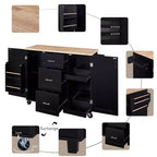 Isola da Cucina Mobile Nera con Piano in Legno di Gomma, 3 Cassetti, 2 Ripiani Estraibili, Porta Spezie, Porta Utensili