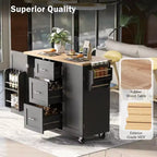 Isola da Cucina Mobile Nera con Piano in Legno di Gomma, 3 Cassetti, 2 Ripiani Estraibili, Porta Spezie, Porta Utensili