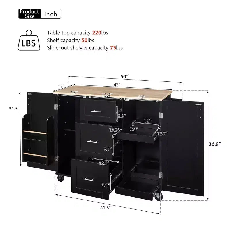 Isola da Cucina Mobile Nera con Piano in Legno di Gomma, 3 Cassetti, 2 Ripiani Estraibili, Porta Spezie, Porta Utensili