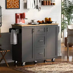 MAYEERTY Black Rolling Kitchen Island with Rubber Wood Top, 3 Drawers 2 Slide-Out Shelves Spice Rack Tower Rack