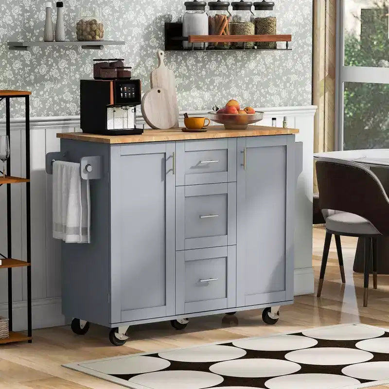 Isola da Cucina Mobile Nera con Piano in Legno di Gomma, 3 Cassetti, 2 Ripiani Estraibili, Porta Spezie, Porta Utensili