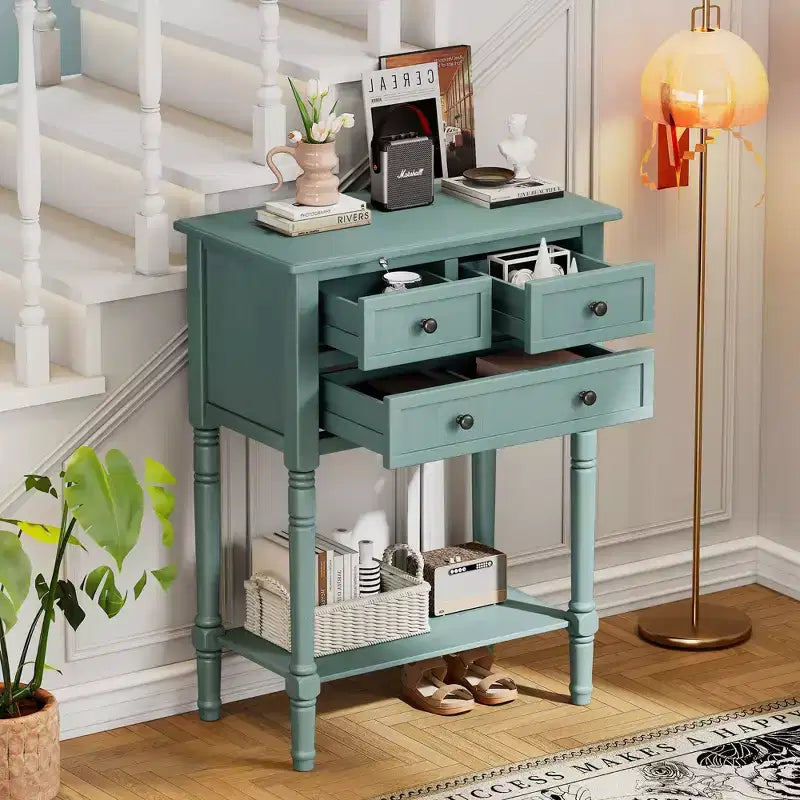 Consolle piccola retrò con cassetti e ripiano inferiore, tavolo da ingresso in legno stile rustico con portaoggetti, tavolino sottile in legno per ingresso