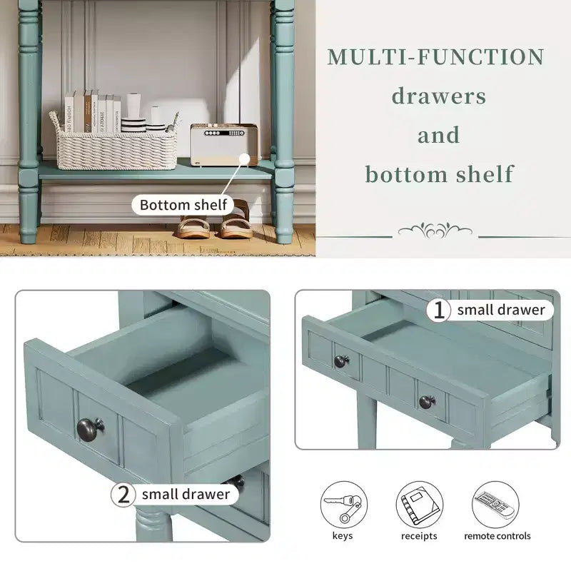 Consolle piccola retrò con cassetti e ripiano inferiore, tavolo da ingresso in legno stile rustico con portaoggetti, tavolino sottile in legno per ingresso