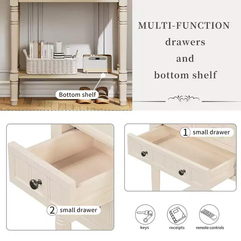 Consolle piccola retrò con cassetti e ripiano inferiore, tavolo da ingresso in legno stile rustico con portaoggetti, tavolino sottile in legno per ingresso