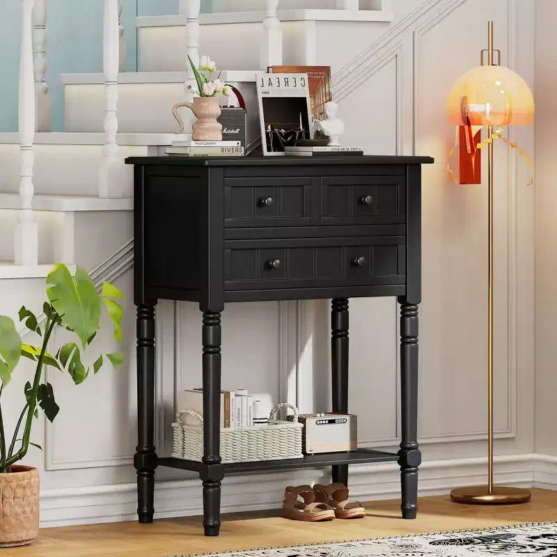 Consolle piccola retrò con cassetti e ripiano inferiore, tavolo da ingresso in legno stile rustico con portaoggetti, tavolino sottile in legno per ingresso