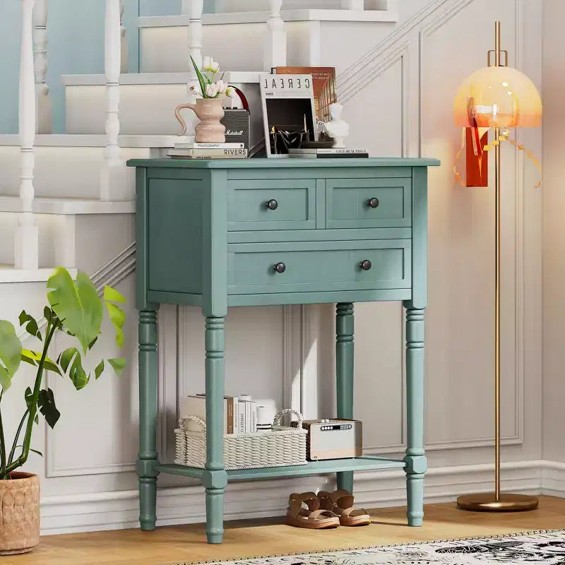 Consolle piccola retrò con cassetti e ripiano inferiore, tavolo da ingresso in legno stile rustico con portaoggetti, tavolino sottile in legno per ingresso