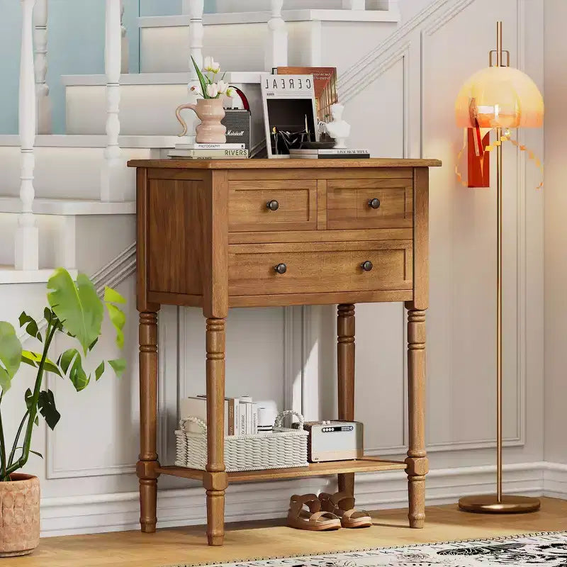 Consolle piccola retrò con cassetti e ripiano inferiore, tavolo da ingresso in legno stile rustico con portaoggetti, tavolino sottile in legno per ingresso