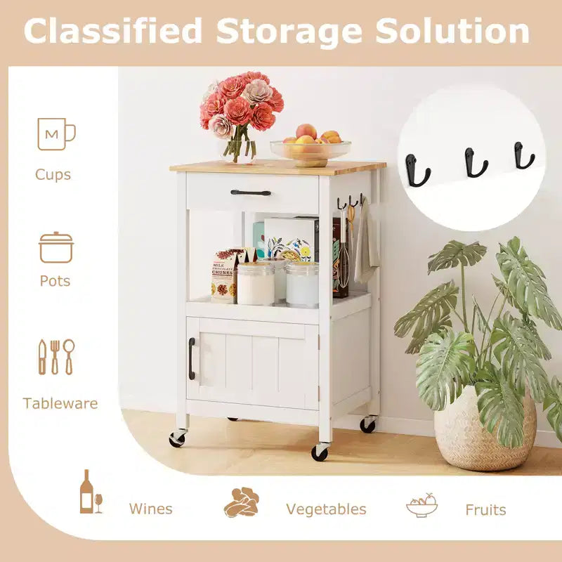 Isola da Cucina Piccola su Ruote Carrello Mobile Cassetto a Scomparsa Ganci