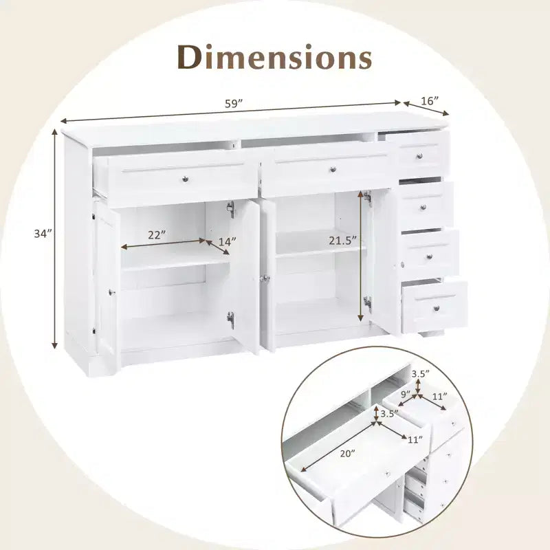 59 Mobile Credenza/Buffet da Soggiorno con 4 Ante e 6 Cassetti Bianco