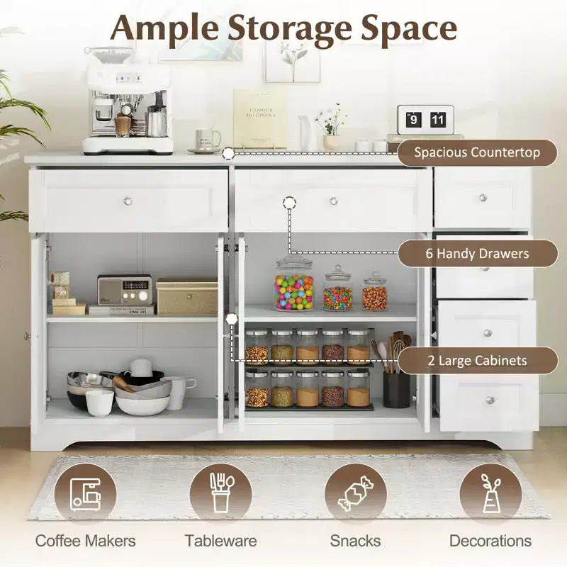 59 Mobile Credenza/Buffet da Soggiorno con 4 Ante e 6 Cassetti Bianco