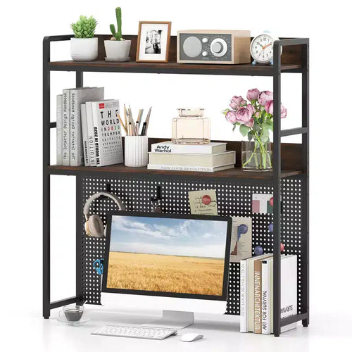 Costway 2-Tier Countertop Desktop Bookshelf w/ Metal Pegboard 2 Anti-tipping Devices