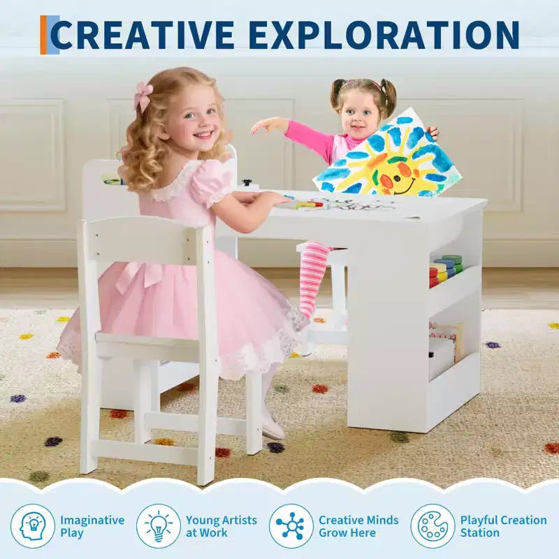Tavolo artistico con 2 sedie, scrivania per attività creative in legno con ampi ripiani portaoggetti per scrivere e disegnare, bianco