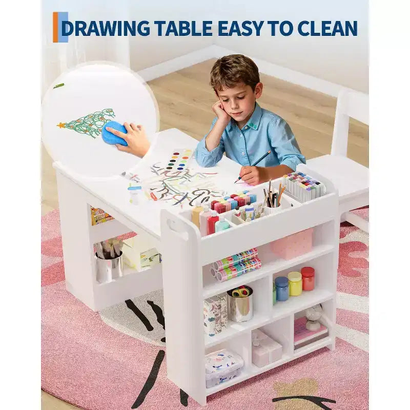 Tavolo artistico con 2 sedie, scrivania per attività creative in legno con ampi ripiani portaoggetti per scrivere e disegnare, bianco