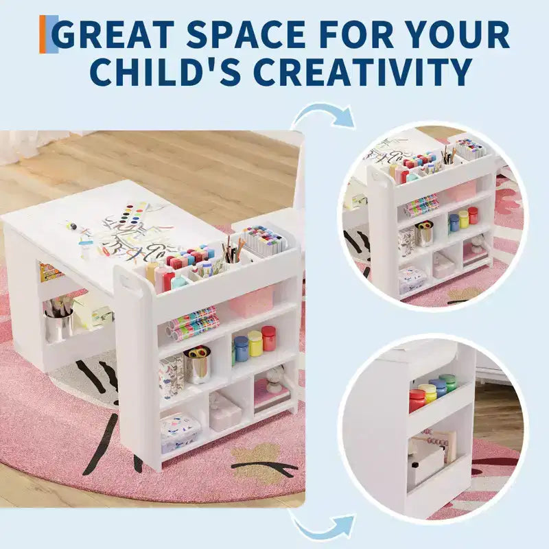 Tavolo artistico con 2 sedie, scrivania per attività creative in legno con ampi ripiani portaoggetti per scrivere e disegnare, bianco