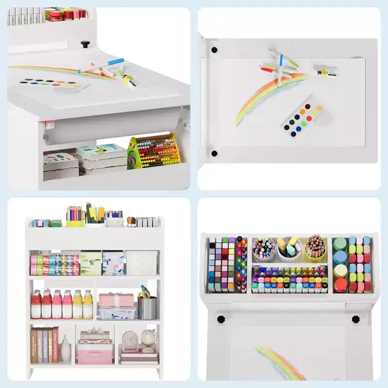 Tavolo artistico con 2 sedie, scrivania per attività creative in legno con ampi ripiani portaoggetti per scrivere e disegnare, bianco