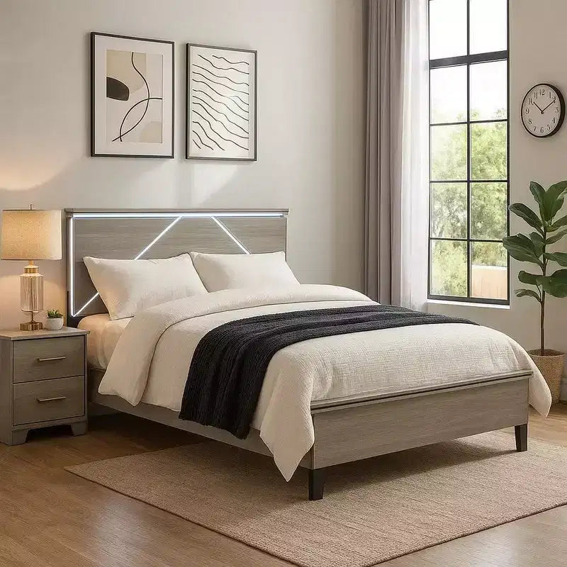 Royal Hampton Queen Bed, Panel Headboard with LED, Weathered Gray Wood, Modern Style