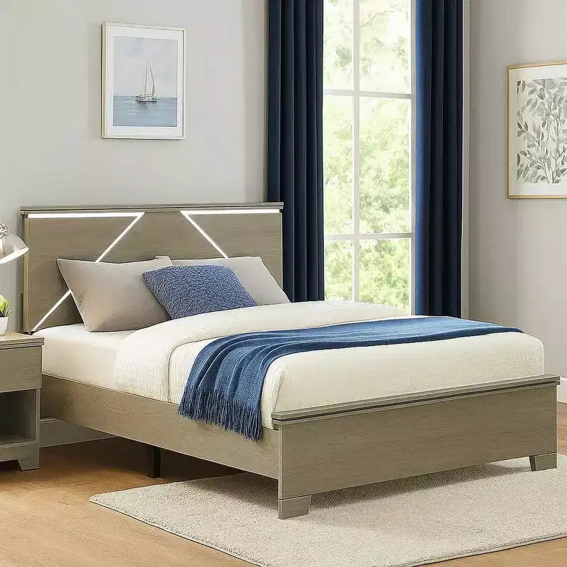 Letto Queen, testiera a pannelli con LED, legno grigio anticato, stile moderno