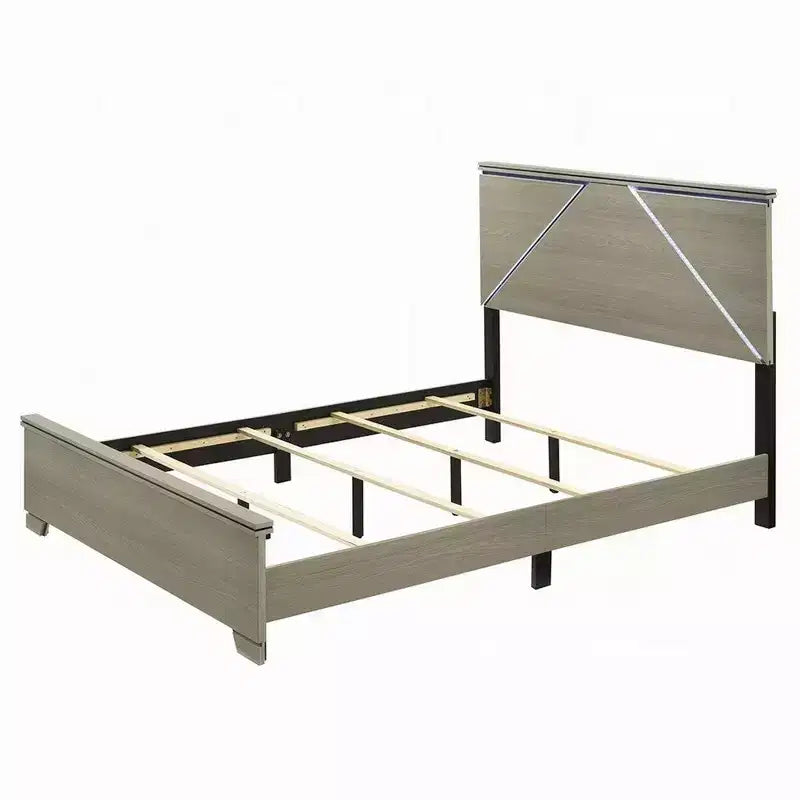 Letto Queen, testiera a pannelli con LED, legno grigio anticato, stile moderno