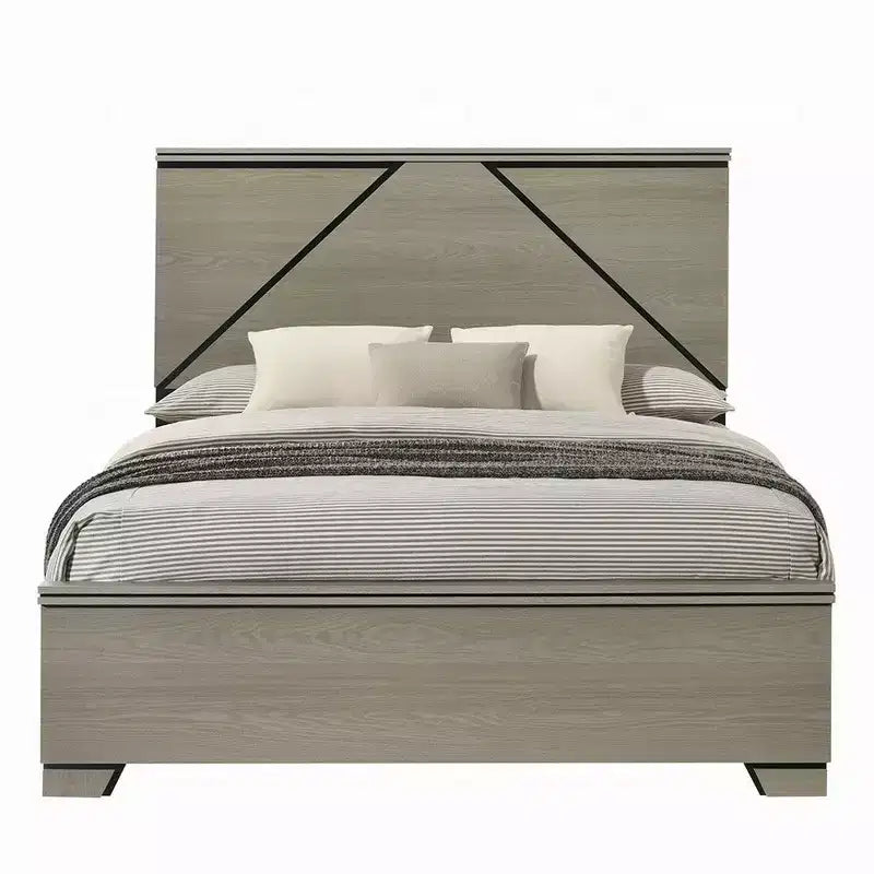 Letto Queen, testiera a pannelli con LED, legno grigio anticato, stile moderno