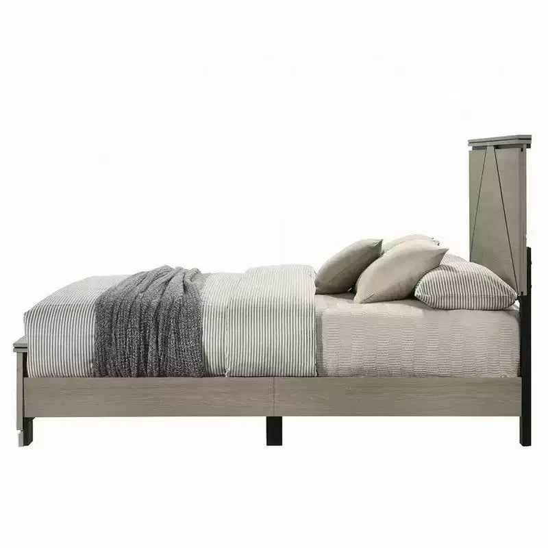 Letto Queen, testiera a pannelli con LED, legno grigio anticato, stile moderno