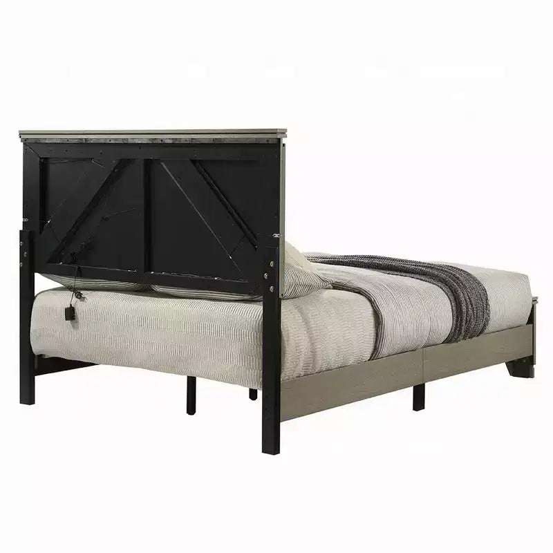 Letto Queen, testiera a pannelli con LED, legno grigio anticato, stile moderno