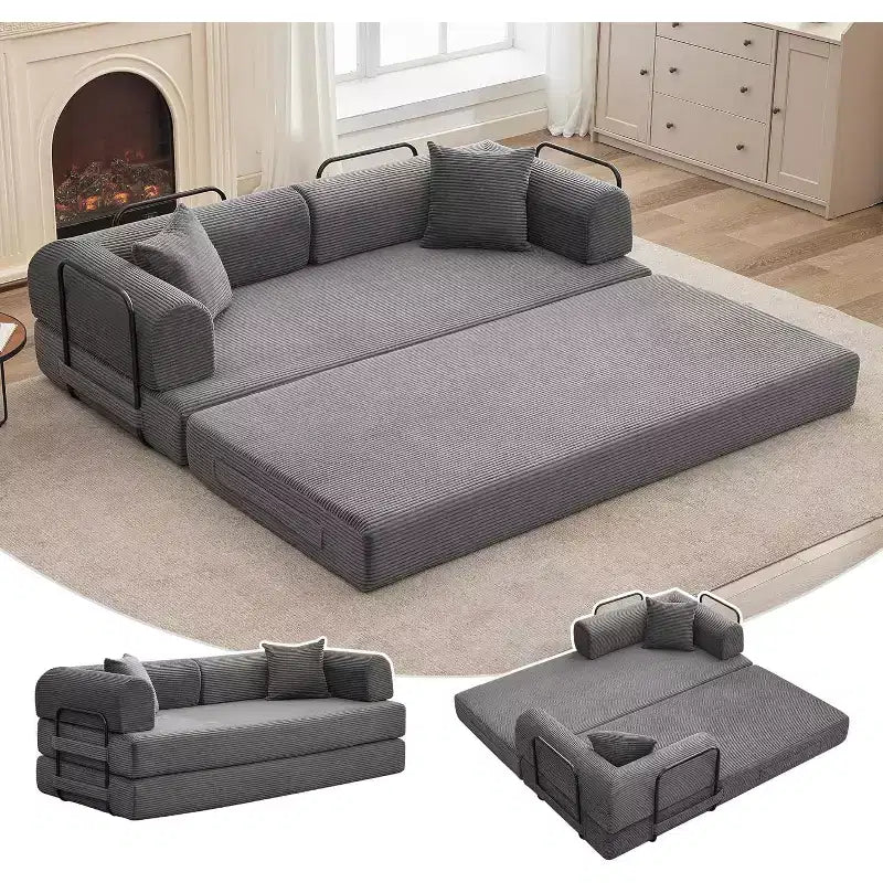 4-in-1 Convertible Sleeper Sofa, Corduroy Fabric with Pillows, No Assembly Needed, Sturdy Frame for Small Space Living Room