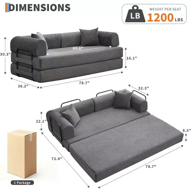 Divano Letto Convertibile 4 in 1, Tessuto in Velluto a Coste con Cuscini, Nessun Montaggio Richiesto, Telaio Robusto per Soggiorno in Spazi Piccoli