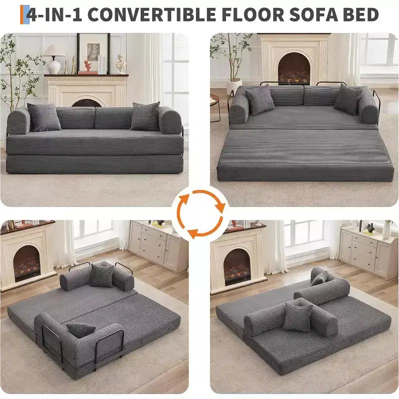 Divano Letto Convertibile 4 in 1, Tessuto in Velluto a Coste con Cuscini, Nessun Montaggio Richiesto, Telaio Robusto per Soggiorno in Spazi Piccoli