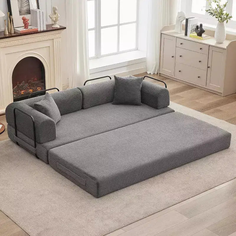 Divano Letto Convertibile 4 in 1, Tessuto in Velluto a Coste con Cuscini, Nessun Montaggio Richiesto, Telaio Robusto per Soggiorno in Spazi Piccoli