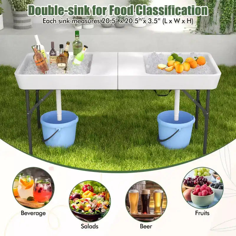 Tavolo refrigerato pieghevole da 5 FT con doppio lavello, gonna staccabile per tavolo
