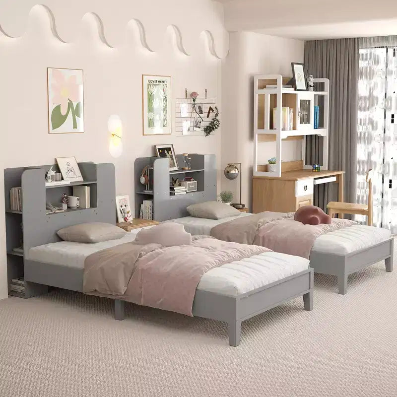 Struttura Letto Singolo con Piattaforma in Legno per Bambini con Testiera a Libreria