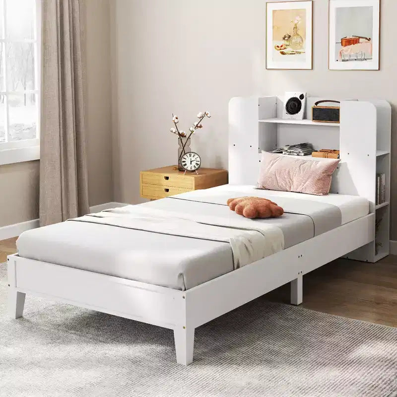 Struttura Letto Singolo con Piattaforma in Legno per Bambini con Testiera a Libreria