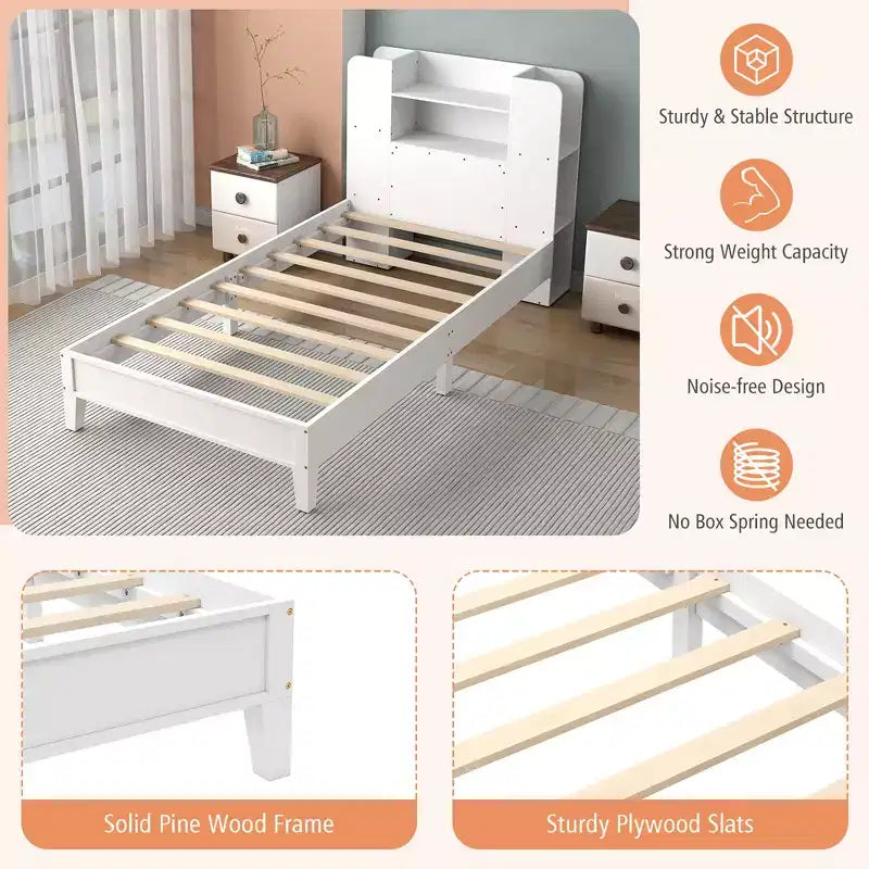 Struttura Letto Singolo con Piattaforma in Legno per Bambini con Testiera a Libreria