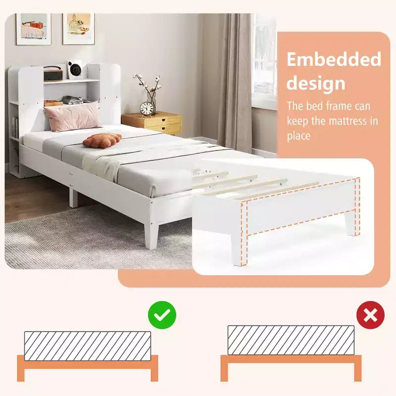 Struttura Letto Singolo con Piattaforma in Legno per Bambini con Testiera a Libreria