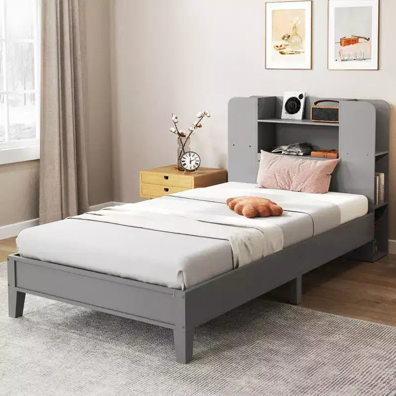 Struttura Letto Singolo con Piattaforma in Legno per Bambini con Testiera a Libreria