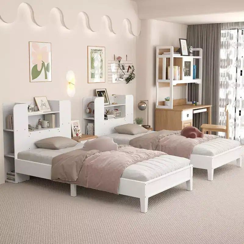 Struttura Letto Singolo con Piattaforma in Legno per Bambini con Testiera a Libreria