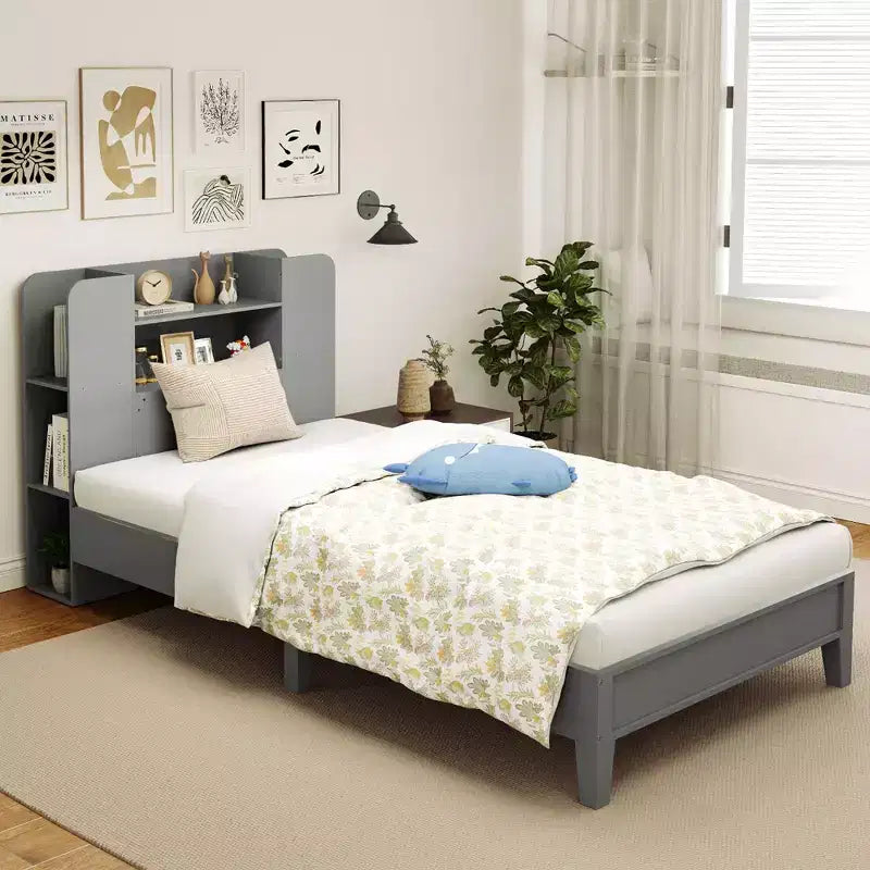Struttura Letto Singolo con Piattaforma in Legno per Bambini con Testiera a Libreria