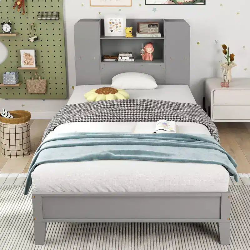 Struttura Letto Singolo con Piattaforma in Legno per Bambini con Testiera a Libreria