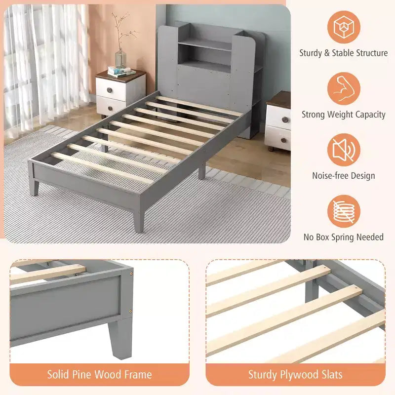 Struttura Letto Singolo con Piattaforma in Legno per Bambini con Testiera a Libreria